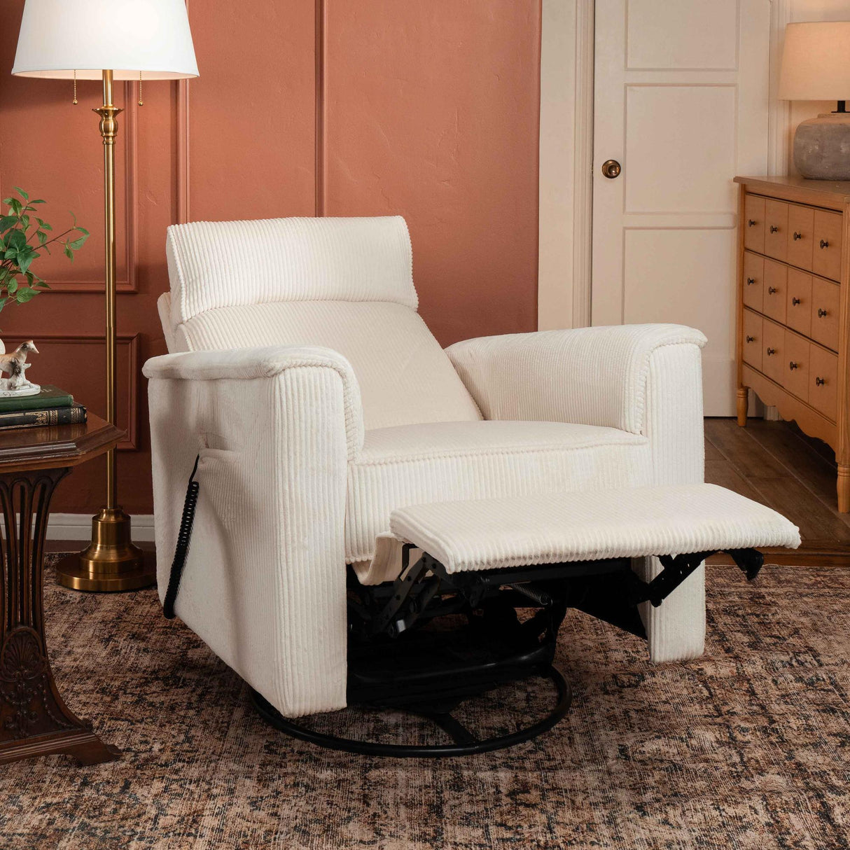 Monogram by Namesake Willa Deluxe Power Recliner and Swivel Glider with Heat + Massage | Ivory Corduroy