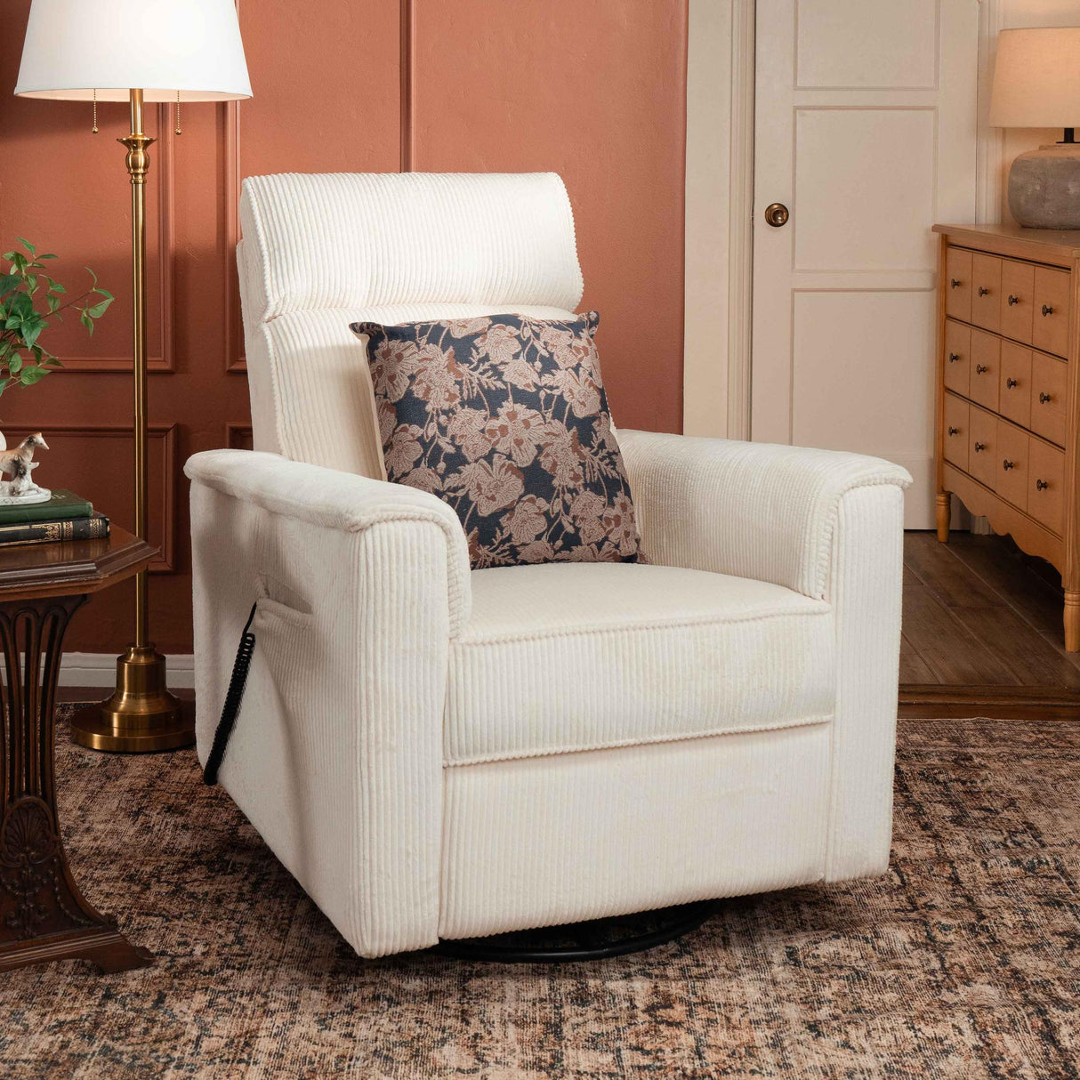 Monogram by Namesake Willa Deluxe Power Recliner and Swivel Glider with Heat + Massage | Ivory Corduroy