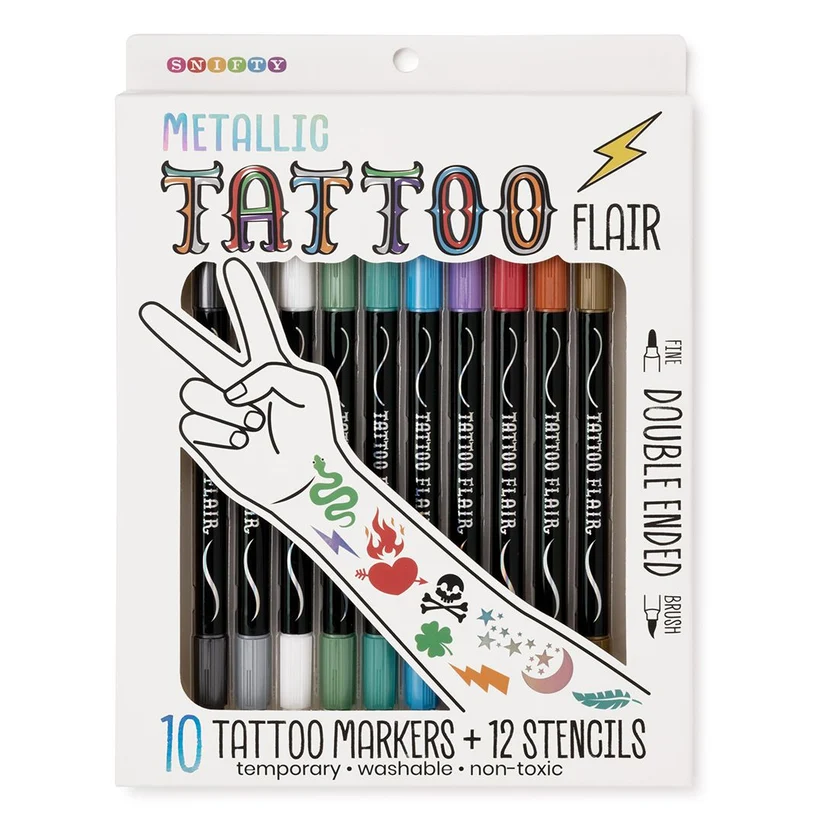 Metallic Tattoo Flair 10 Tattoo Markers + 12 Stencils