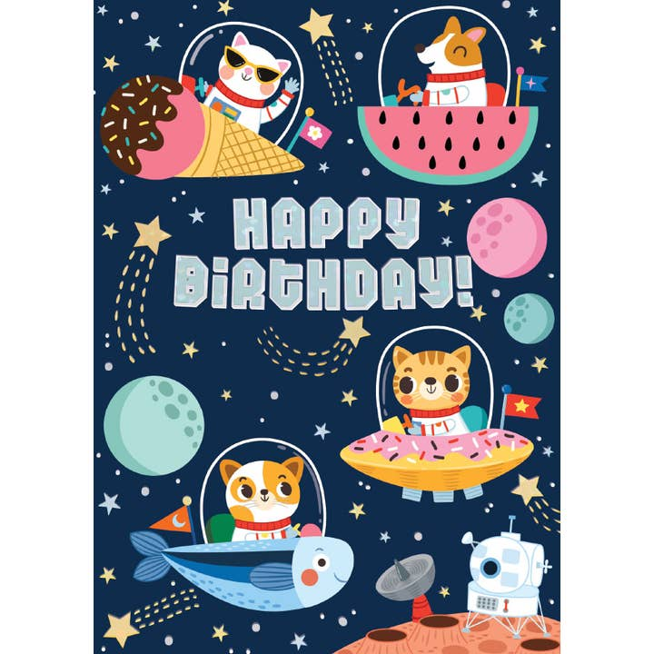 Birthday Card Foil Space Pets