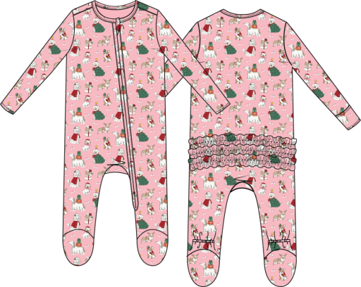 Christmas Dogs Pink - 2 Way Ruffle Back Zipper Footie