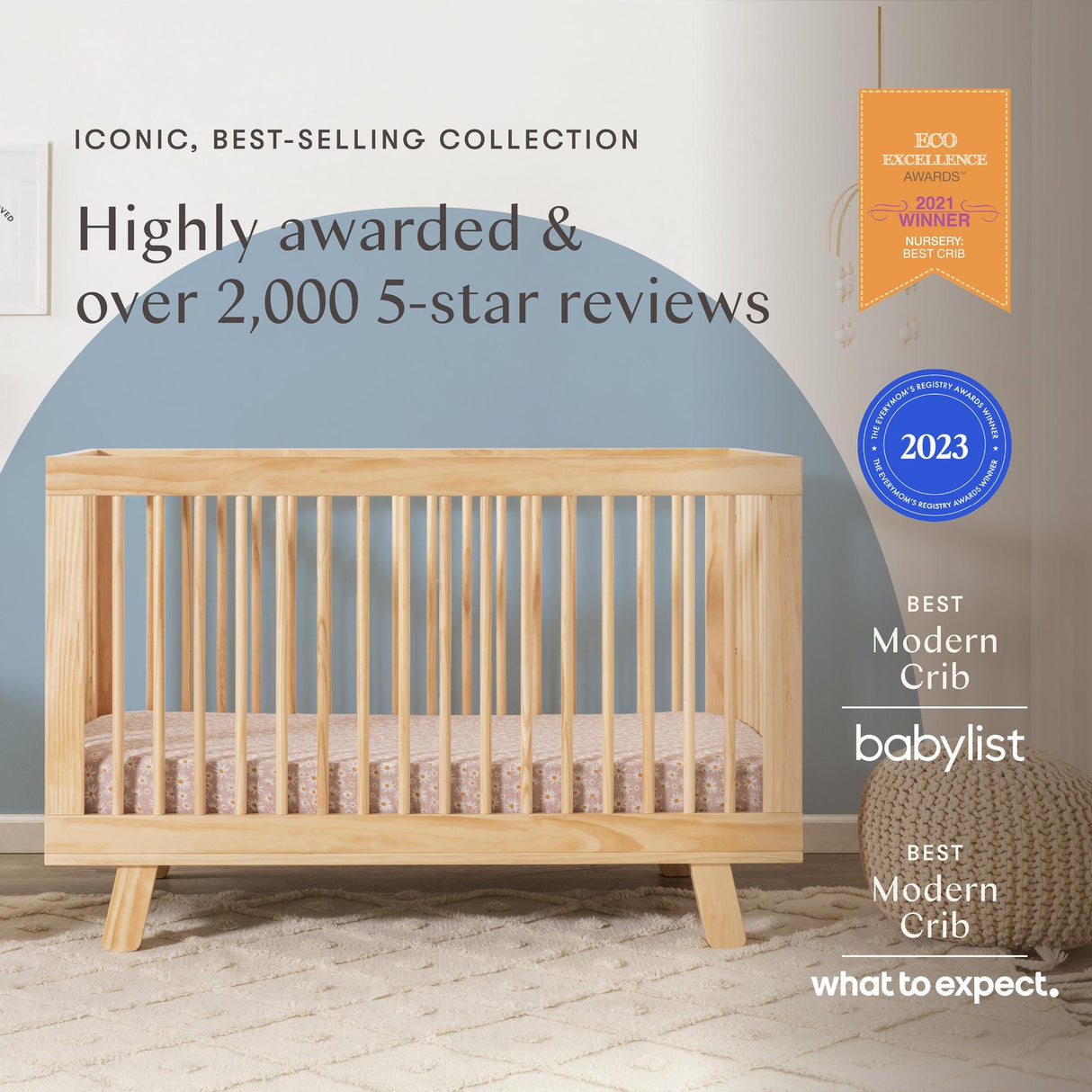 Babyletto Hudson 3-in-1 Convertible Crib with Toddler Bed Conversion Kit